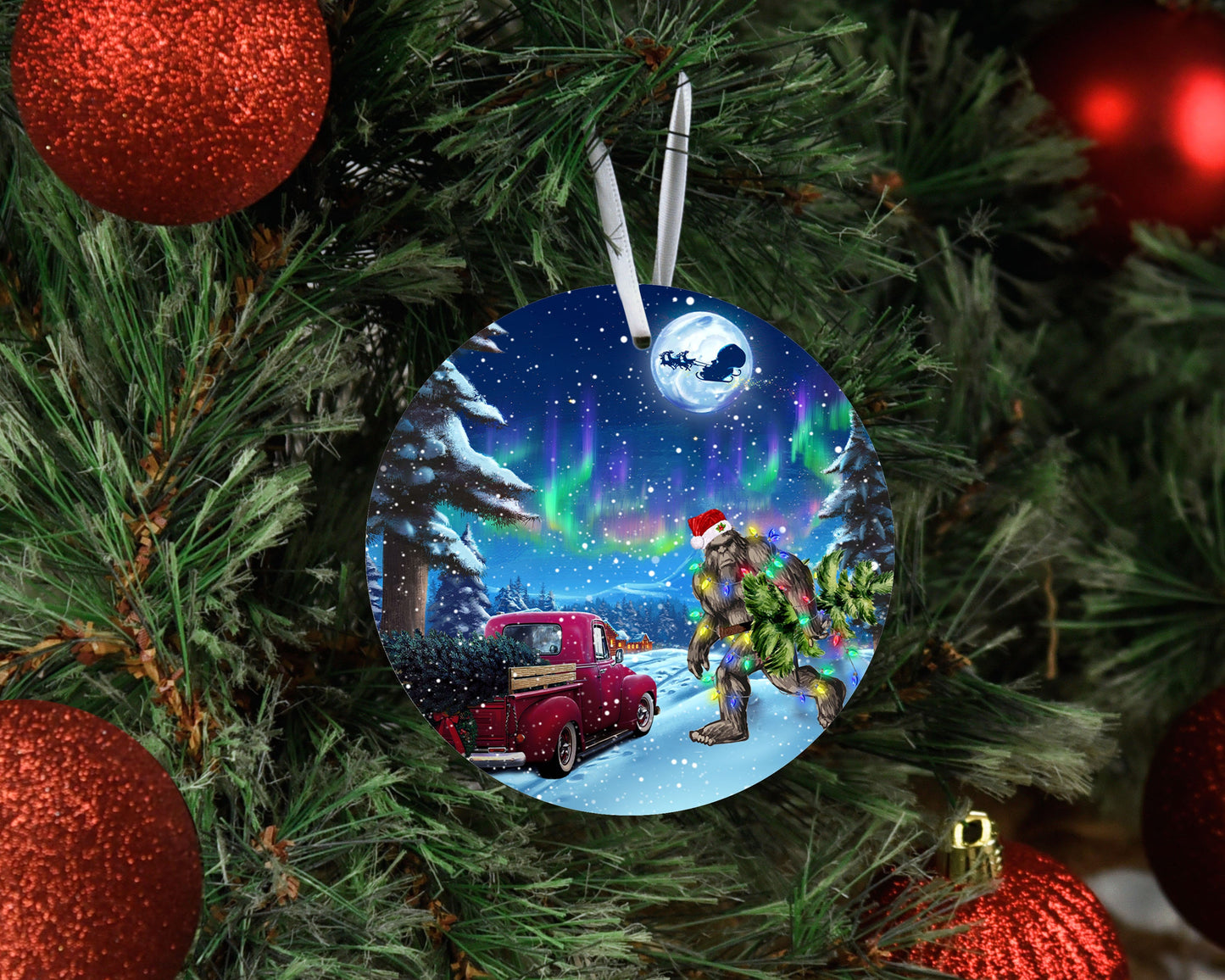 Northern Lights Bigfoot Round Ceramic Christmas Ornament