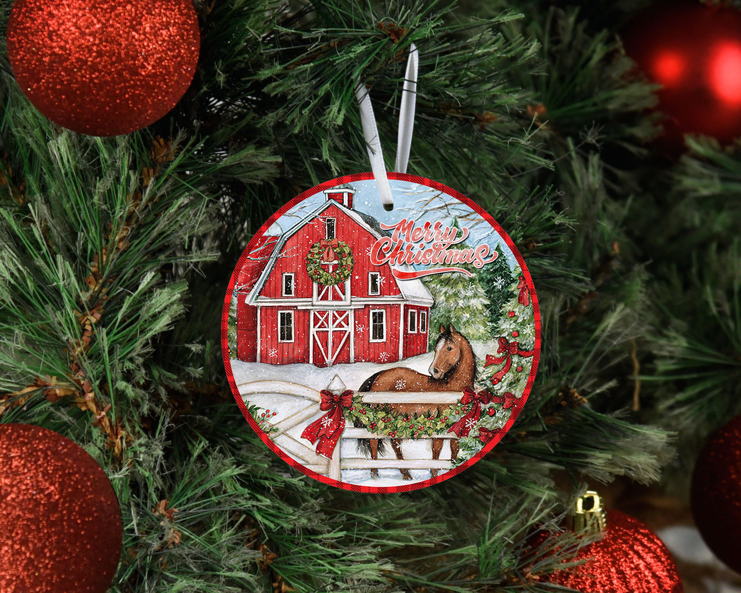 Merry Christmas Horse and Barn Round Ceramic Christmas Ornament