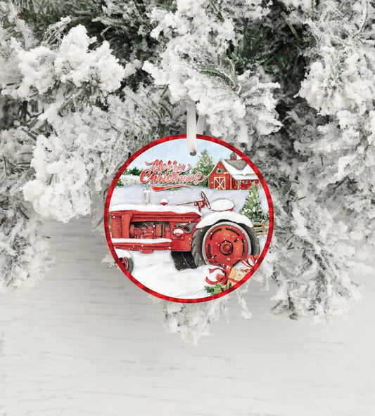 Merry Christmas Red Tractor Round Ceramic Christmas Ornament