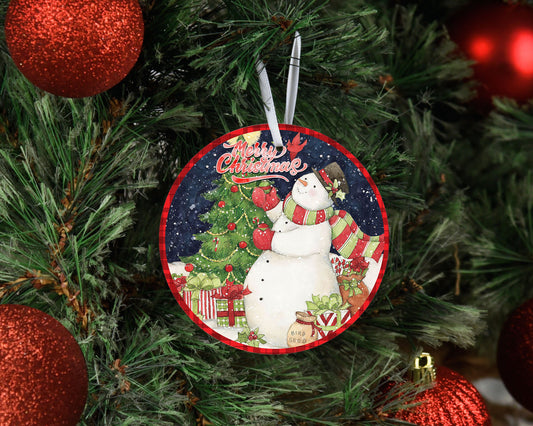 Merry Christmas Snowman Round Ceramic Christmas Ornament
