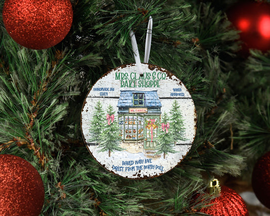 Mrs Claus and  Co Bake Shop Round Ceramic Christmas Ornament