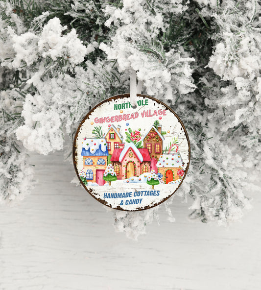 North Pole Gingerbread Village Round Ceramic Christmas Ornament