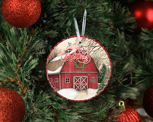 Red Barn Merry Christmas Round Ceramic Christmas Ornament