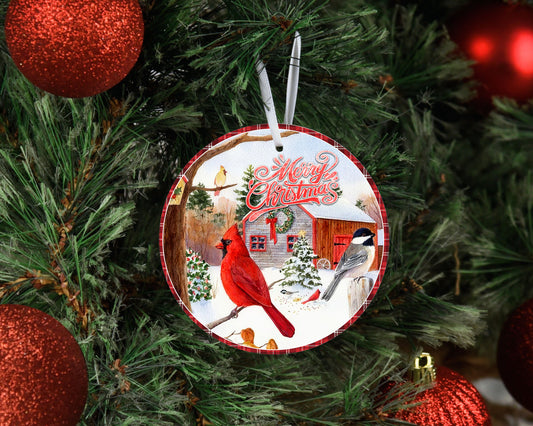 Red Cardinal Merry Christmas Round Ceramic Christmas Ornament