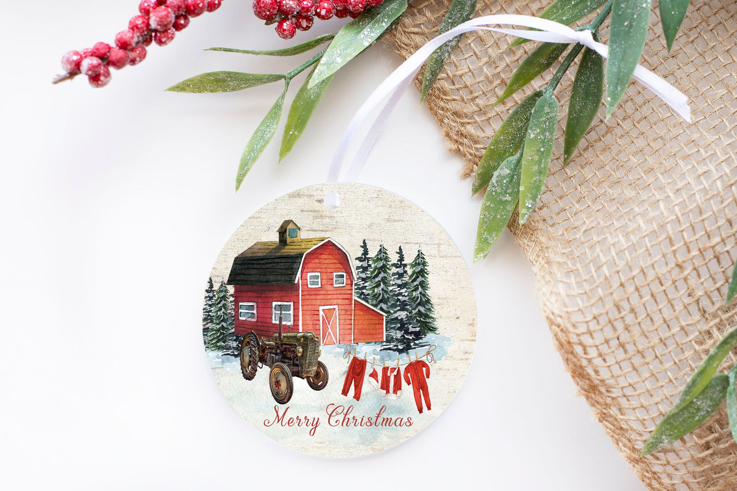 Santa Laundry and Barn Merry Christmas Round Ceramic Christmas Ornament