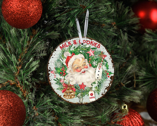Santa Milk and Cookies Merry Christmas Round Ceramic Christmas Ornament