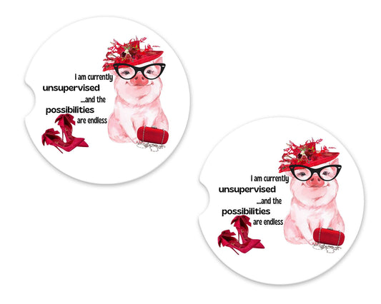 Set of 2 I Am Currently Unsupervised and the Possibilities are Endless Pig in Red Hat Sandstone Car Coasters