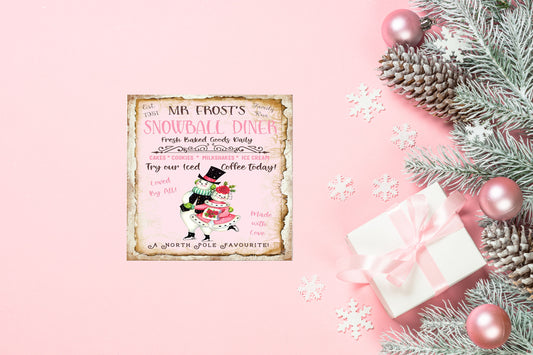 Pink Mr. Frost's Snowball Diner Christmas Printed Handmade Wood Christmas Ornament Mini Sign (5" x 5")
