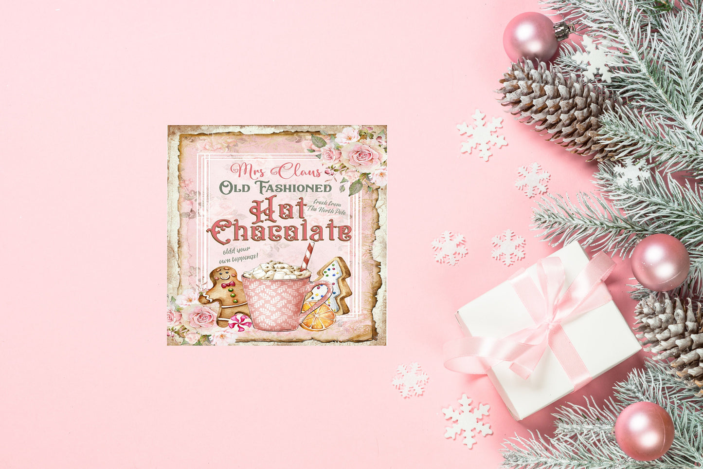 Pink Mrs. Claus Hot Chocolate Version 1 Printed Handmade Wood Christmas Ornament Mini Sign