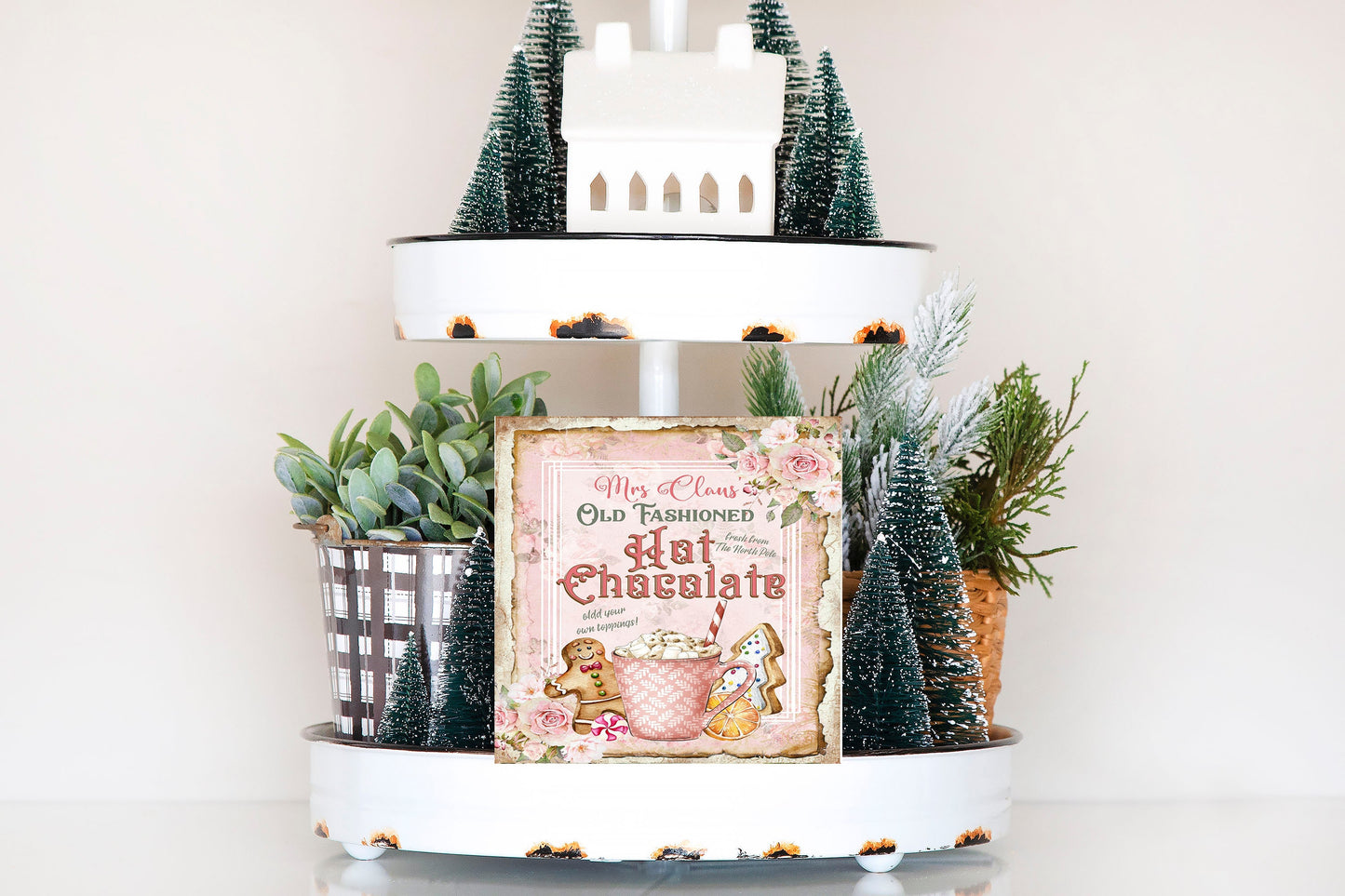 Pink Mrs. Claus Hot Chocolate Version 1 Printed Handmade Wood Christmas Ornament Mini Sign