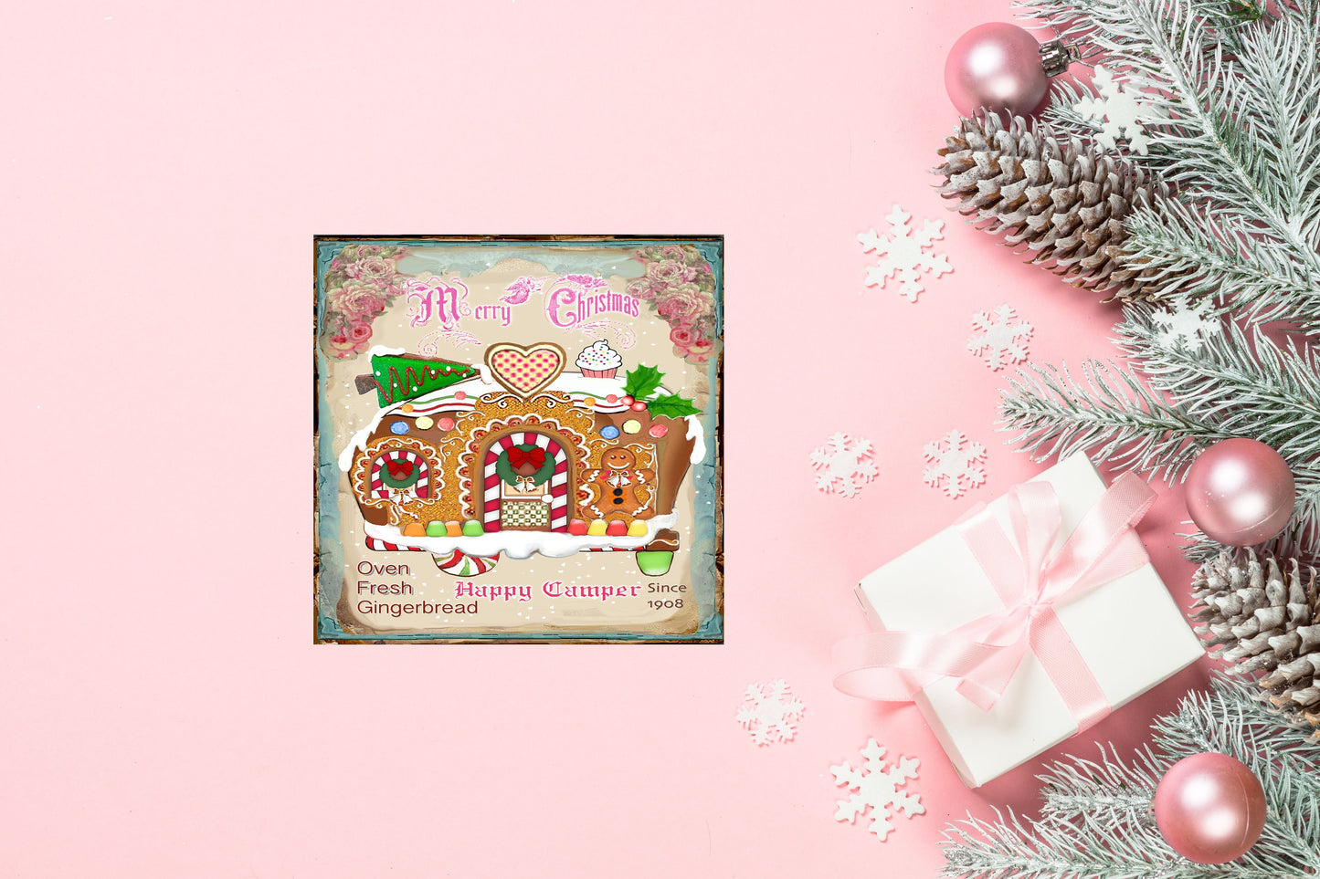 Pink Gingerbread Camper Printed Handmade Wood Christmas Ornament Mini Sign (5" x 5")