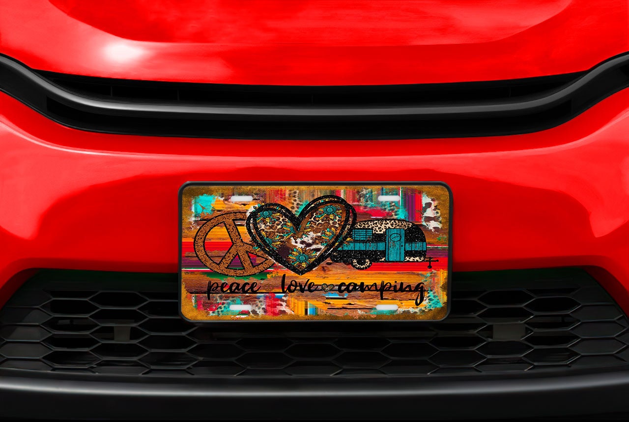 Peace Love Camping Aluminum Vanity License Plate