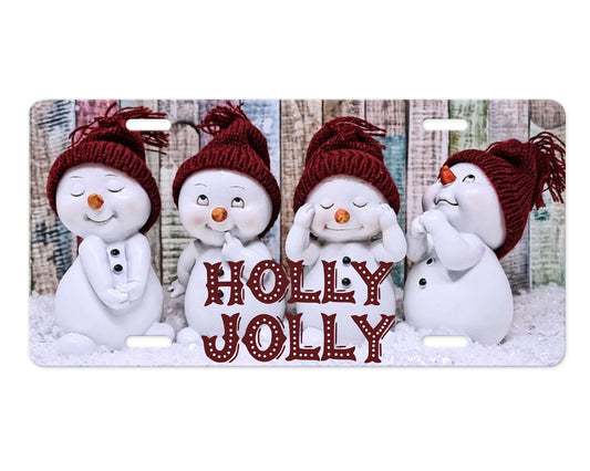 Placa de matrícula frontal de aluminio con diseño navideño de muñecos de nieve Holly Jolly