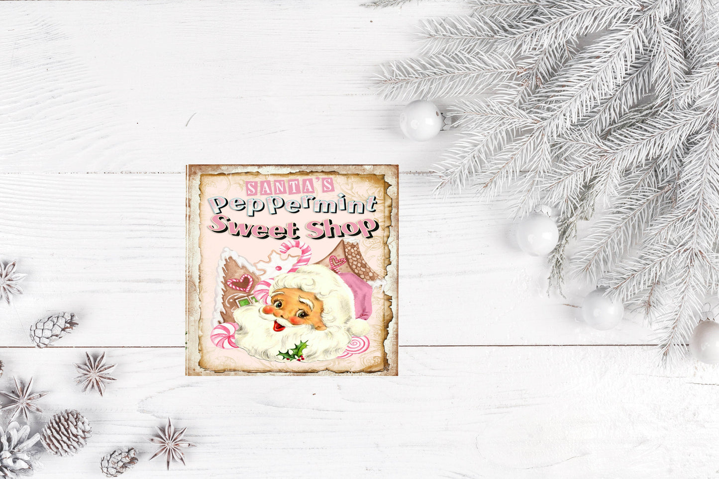 Pink Santa's Peppermint Sweet Shop Christmas Printed Handmade Wood Christmas Ornament Mini Sign