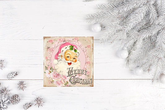 Vintage Pink Santa Christmas Printed Handmade Wood Christmas Ornament Mini Sign