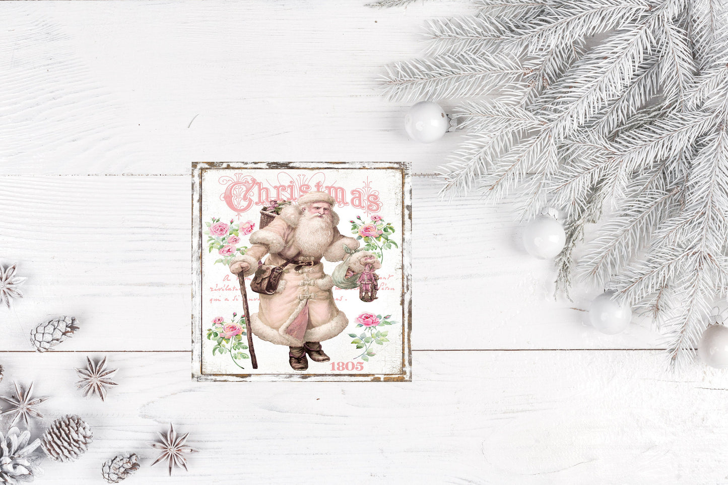 Victorian Pink Santa Printed Handmade Wood Christmas Ornament Mini Sign