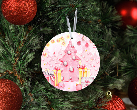 Pink Christmas Round Ceramic Christmas Ornament