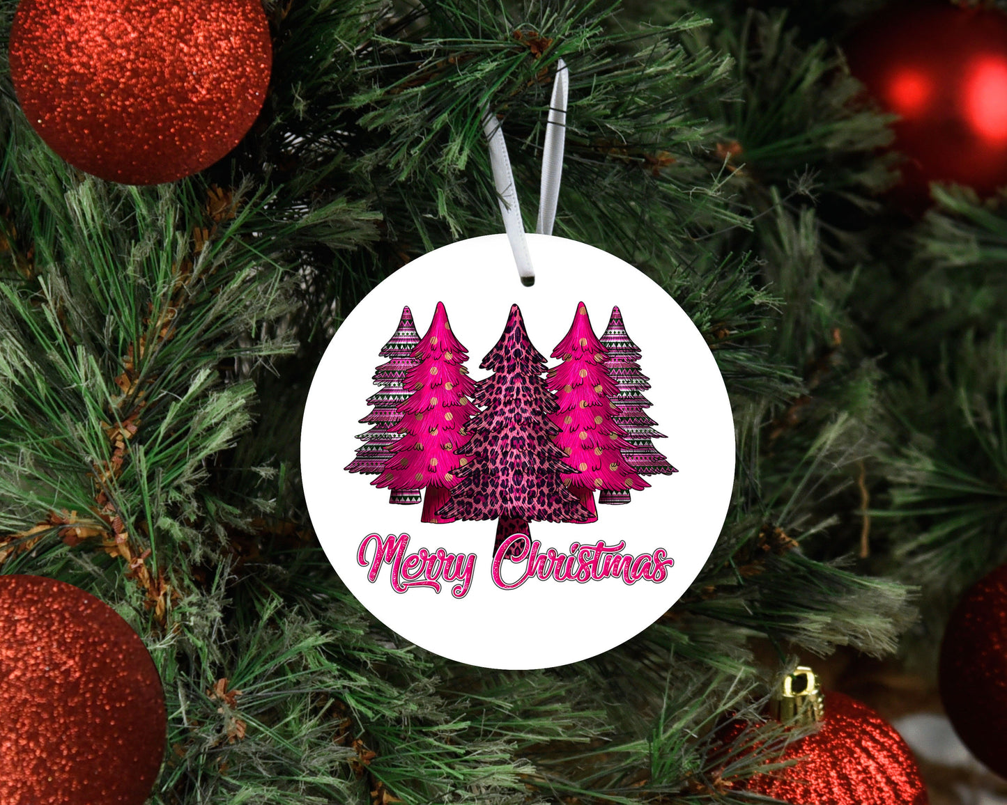 Pink Trees Merry Christmas Round Ceramic Christmas Ornament