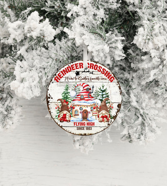 Reindeer Crossing Round Ceramic Christmas Ornament