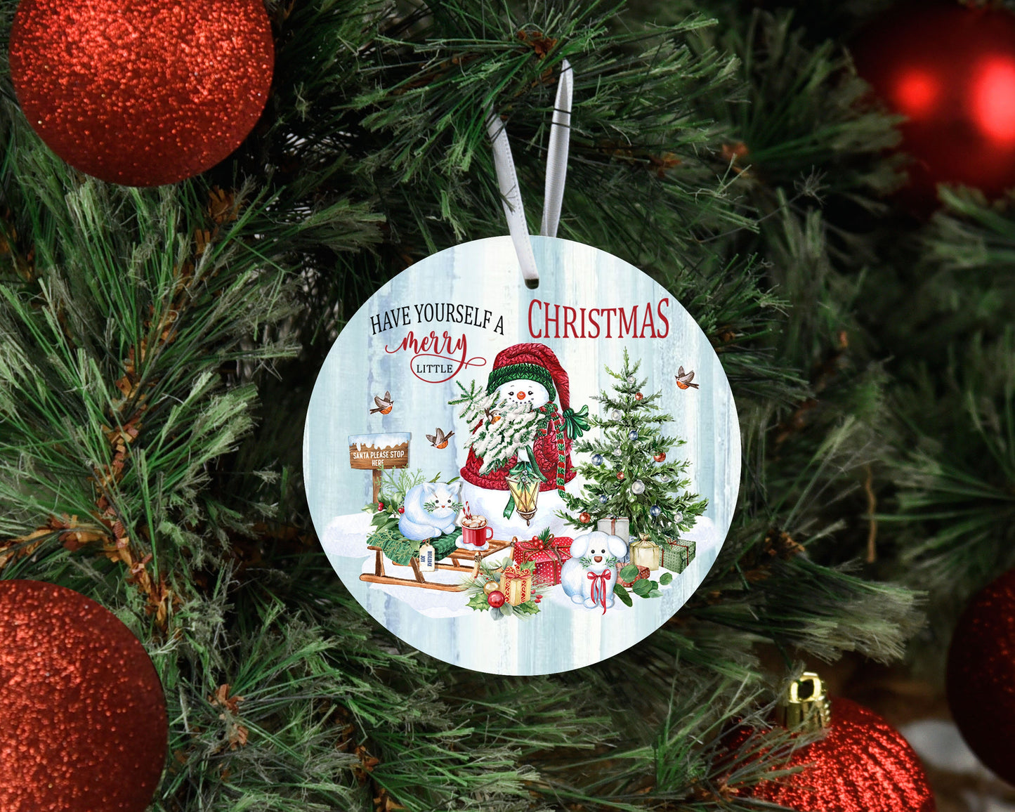 Snowman Have Yourself a Merry Little Christmas Round Ceramic Christmas Ornament