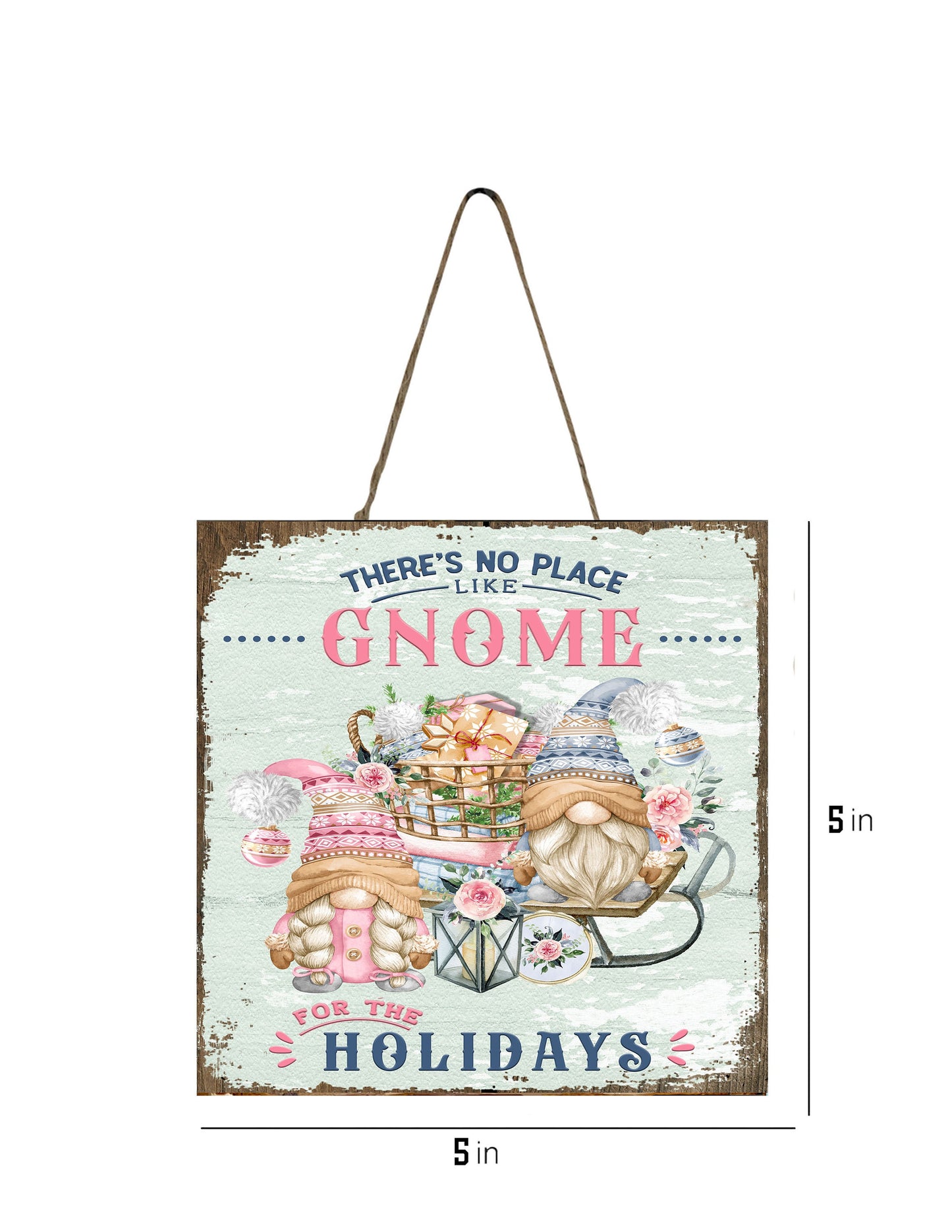 There's Gnome Place Like Home - Mini letrero de adorno navideño de madera hecho a mano con estampado rosa y azul