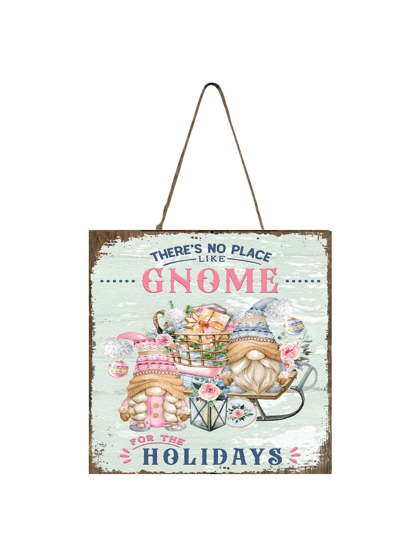 There's Gnome Place Like Home - Mini letrero de adorno navideño de madera hecho a mano con estampado rosa y azul