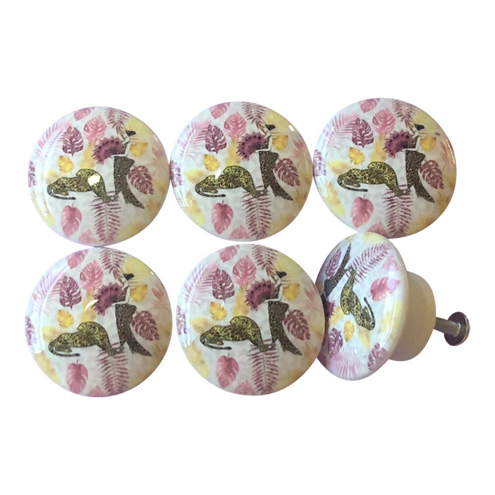 Set of 6 Pink Jungle Wood Cabinet Knobs, Dresser Knobs, Tropical, Kitchen Knobs,