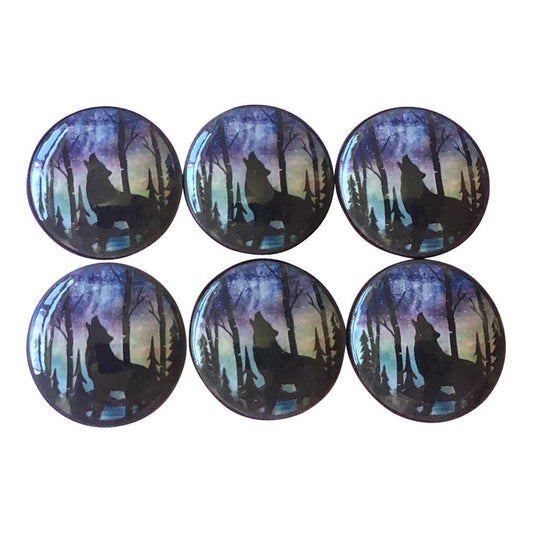 Set of 6 Northern Lights Wolf Wood Cabinet Knobs