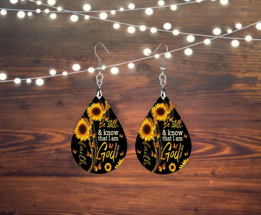 Set of Be Still and Know that I am God Sunflower Tear Drop Dangle Printed Earrings