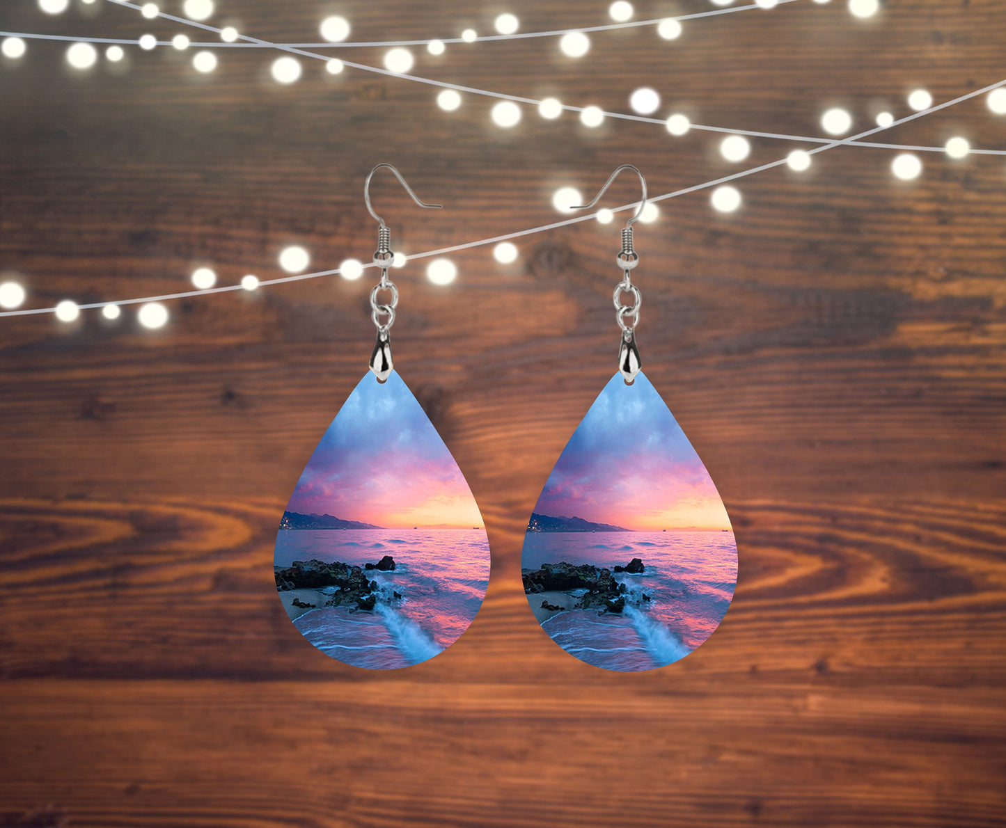 Set of Beach Sunset Tear Drop Dangle Printed Earrings