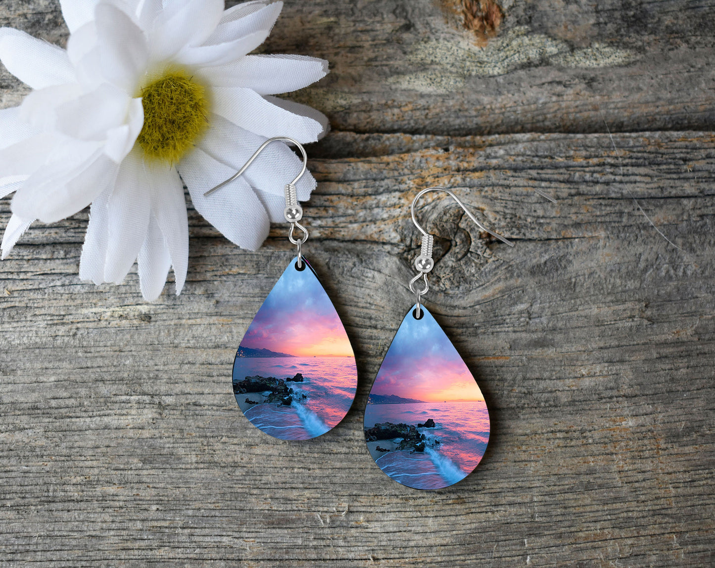 Set of Beach Sunset Tear Drop Dangle Printed Earrings