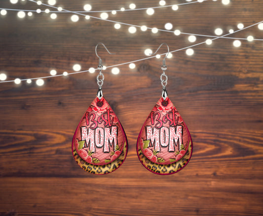 Set of Best Mom Western Tear Drop Dangle Printed Earrings
