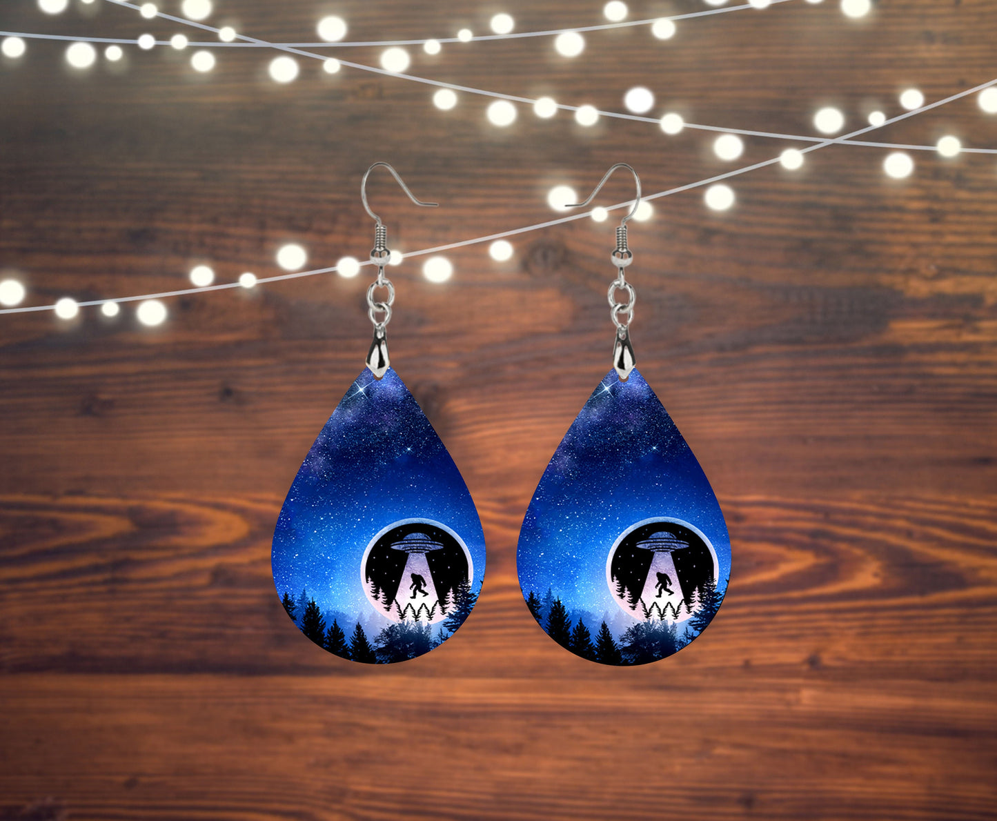 Set of Bigfoot Abduction Tear Drop Dangle Printed Earrings