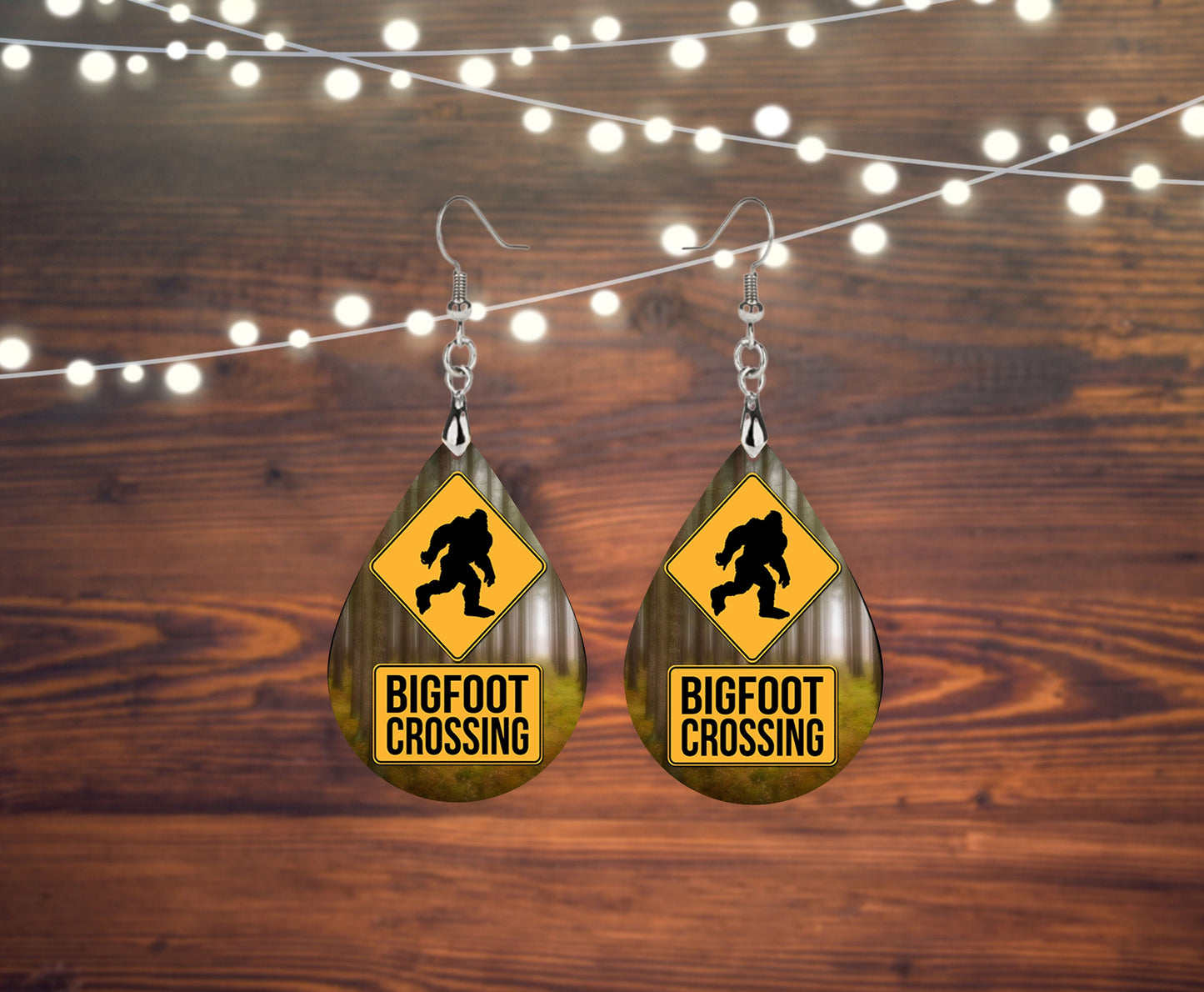 Set of Bigfoot Crossing Tear Drop Dangle Printed Earrings