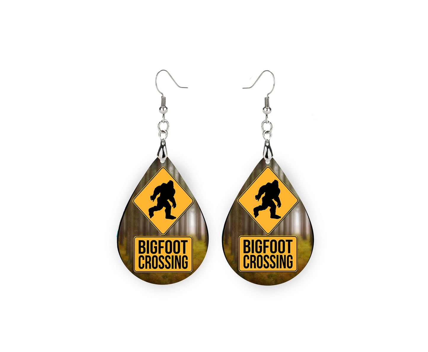 Set of Bigfoot Crossing Tear Drop Dangle Printed Earrings