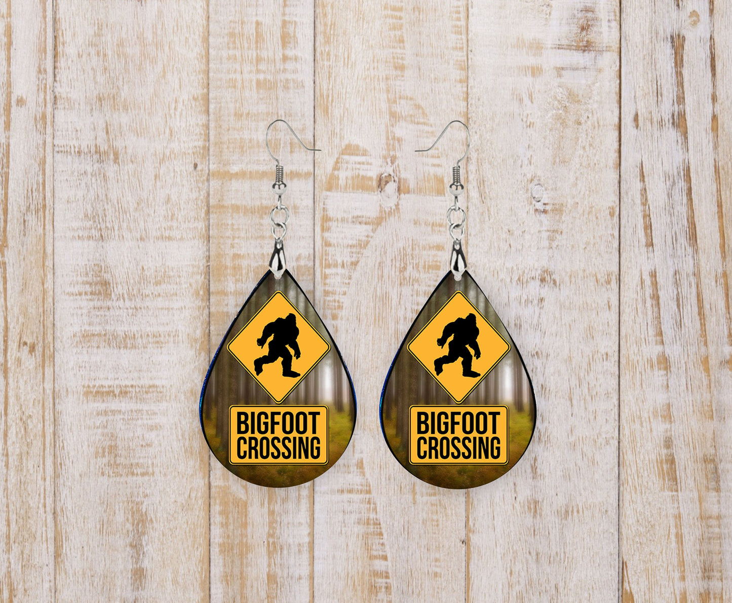 Set of Bigfoot Crossing Tear Drop Dangle Printed Earrings