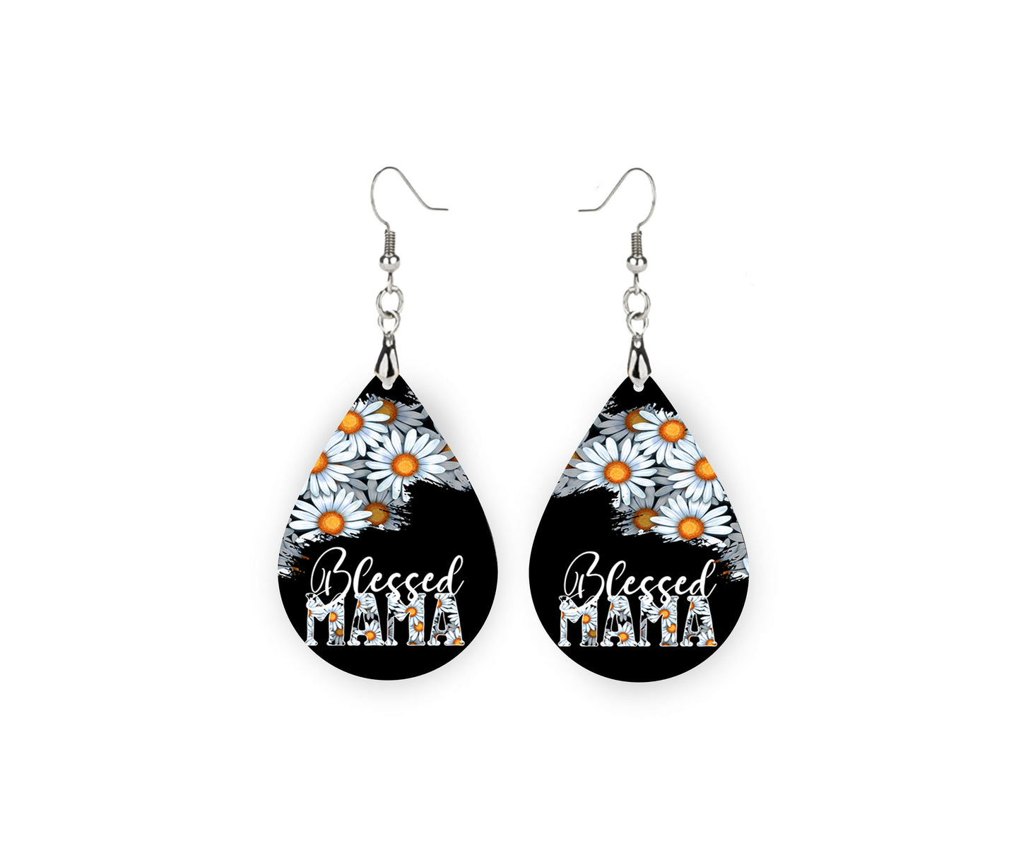 Set of Blessed Mama Daisy Tear Drop Dangle Printed Earrings