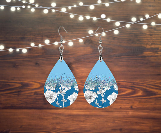 Set of Blue Floral Tear Drop Dangle Printed Earrings