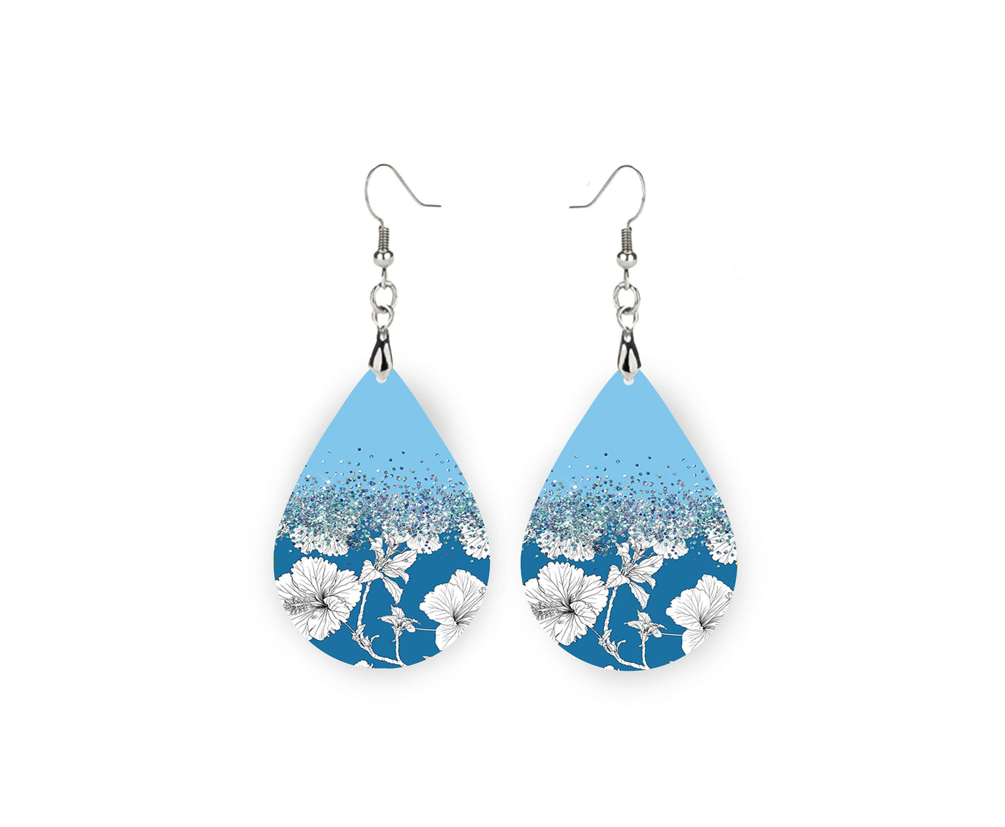 Set of Blue Floral Tear Drop Dangle Printed Earrings