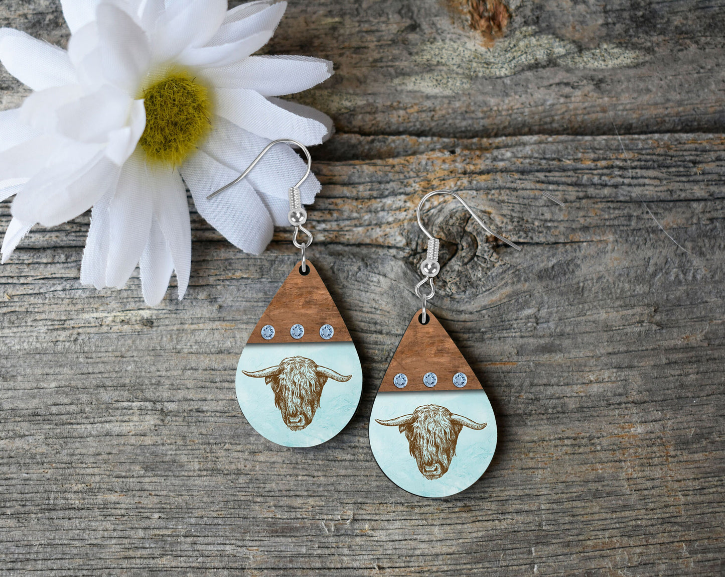 Set of Blue Highland Cow Tear Drop Dangle Printed Earrings