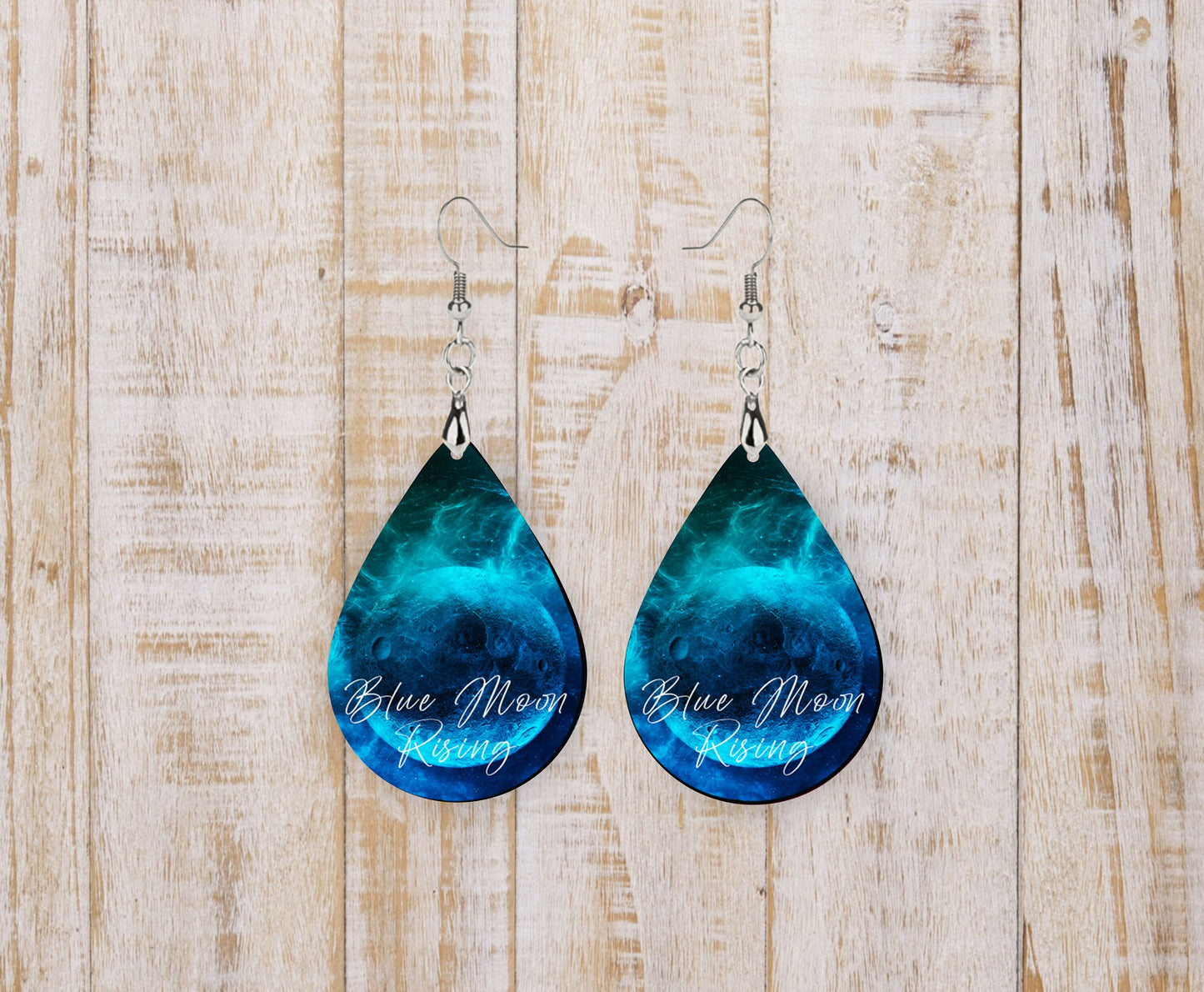 Set of Blue Moon Rising Tear Drop Dangle Printed Earrings