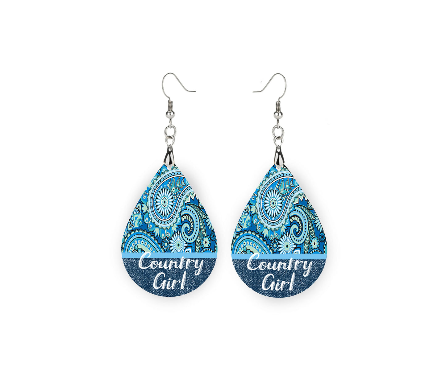 Blue Paisley Country Girl Tear Drop Dangle Printed Earrings