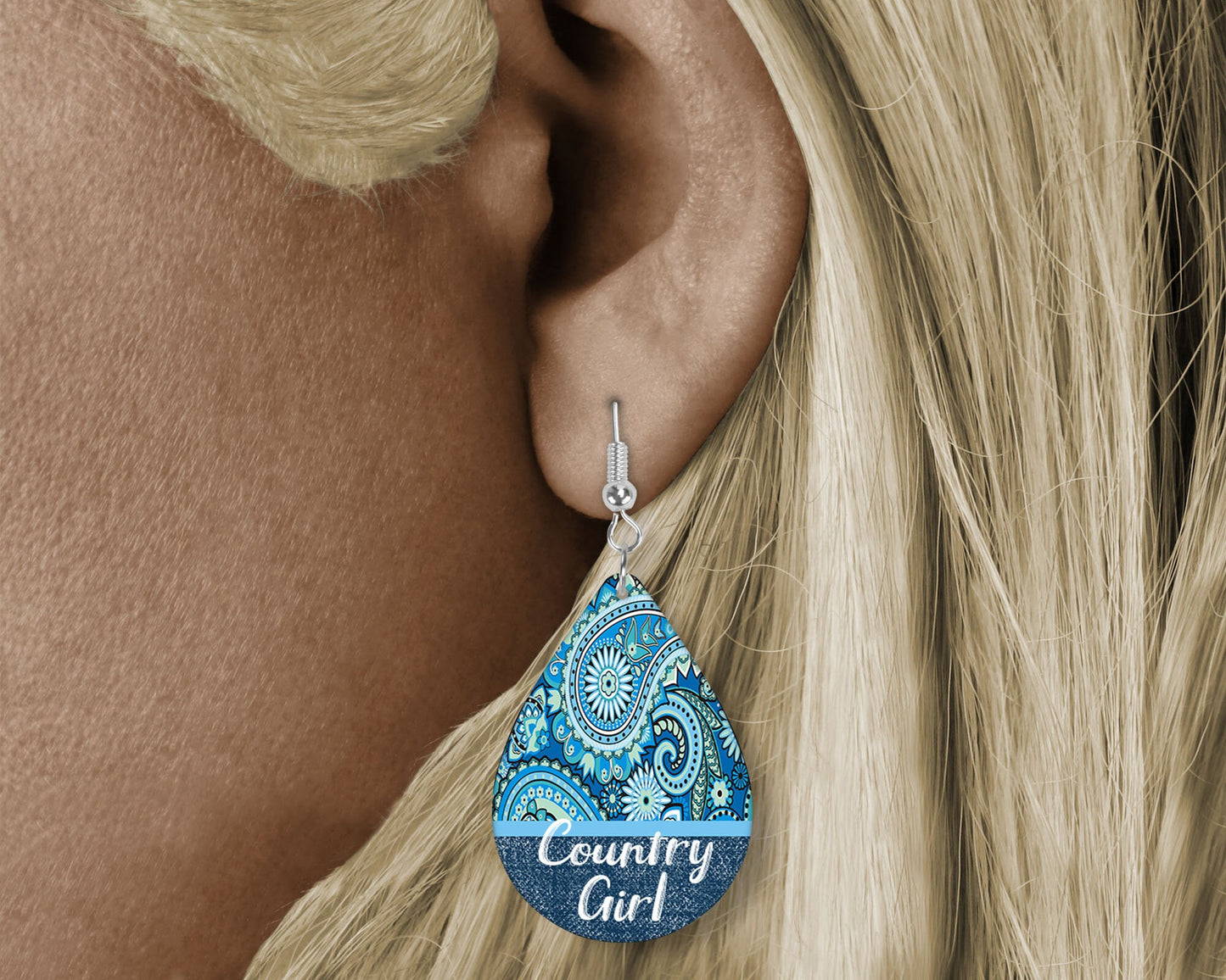 Blue Paisley Country Girl Tear Drop Dangle Printed Earrings