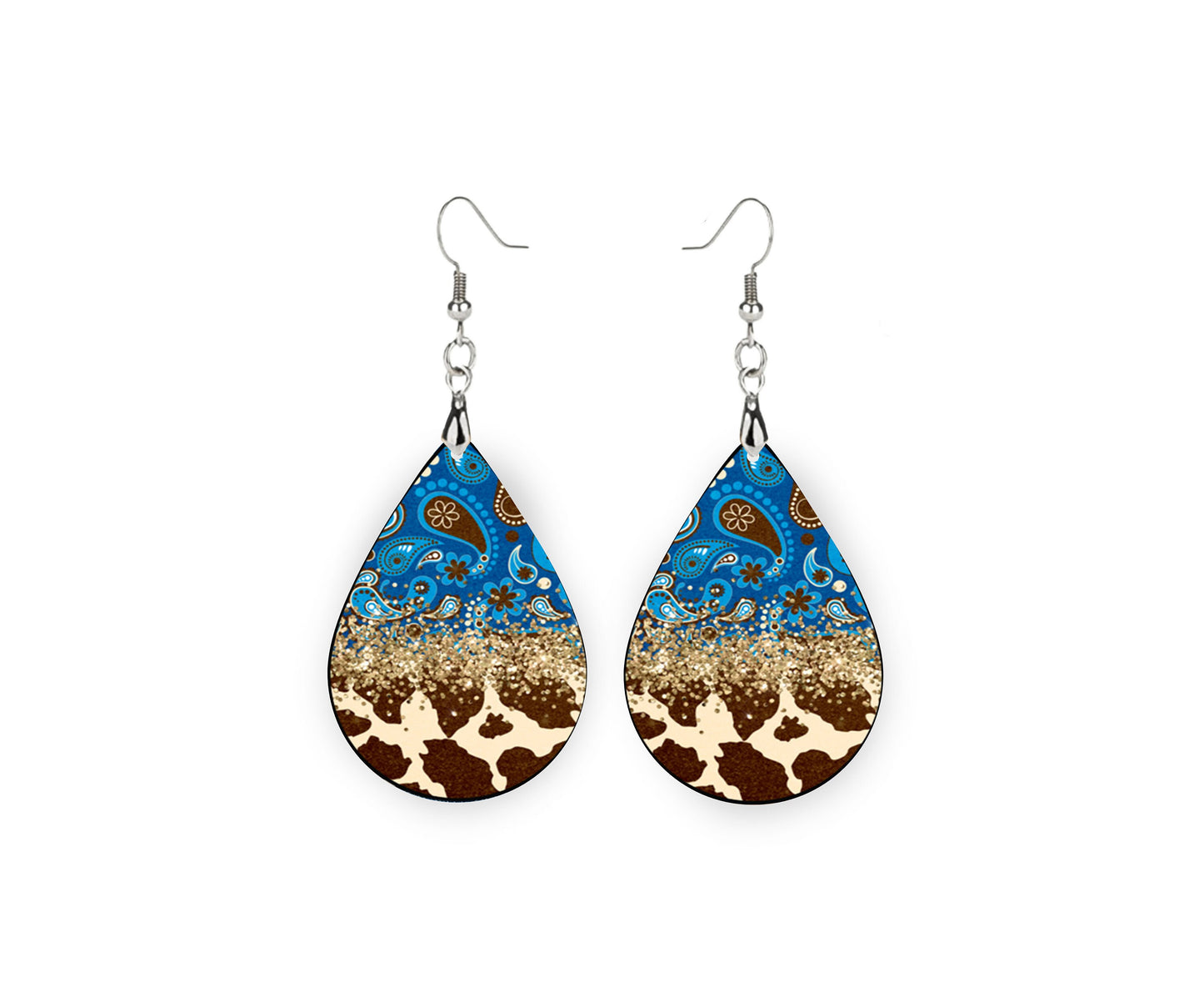 Blue Paisley Cowhide Tear Drop Dangle Printed Earrings Western Cowgirl Jewelry