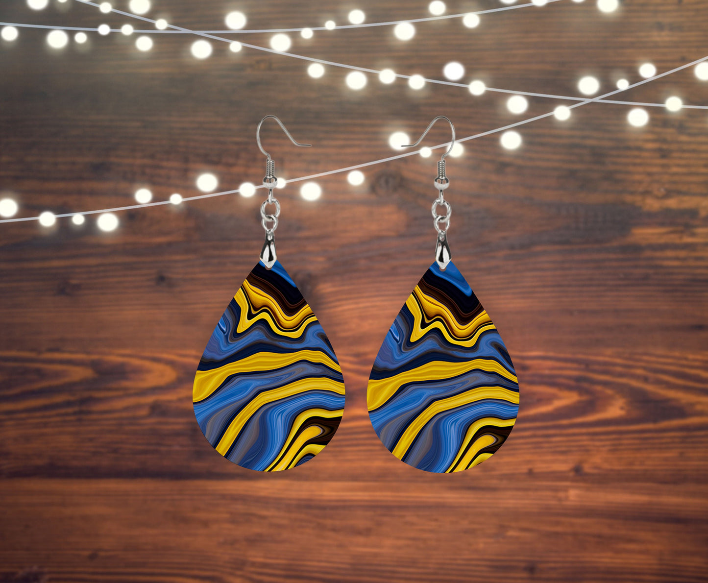 Blue and Yellow Agate Tear Drop Dangle Printed Earrings Swirl Marble Jewelry