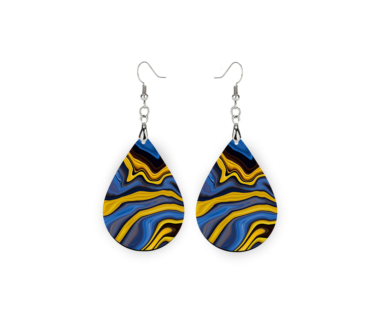 Blue and Yellow Agate Tear Drop Dangle Printed Earrings Swirl Marble Jewelry