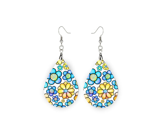 Blue and Yellow Daisy Tear Drop Dangle Printed Earrings Swirl Marble Jewelry