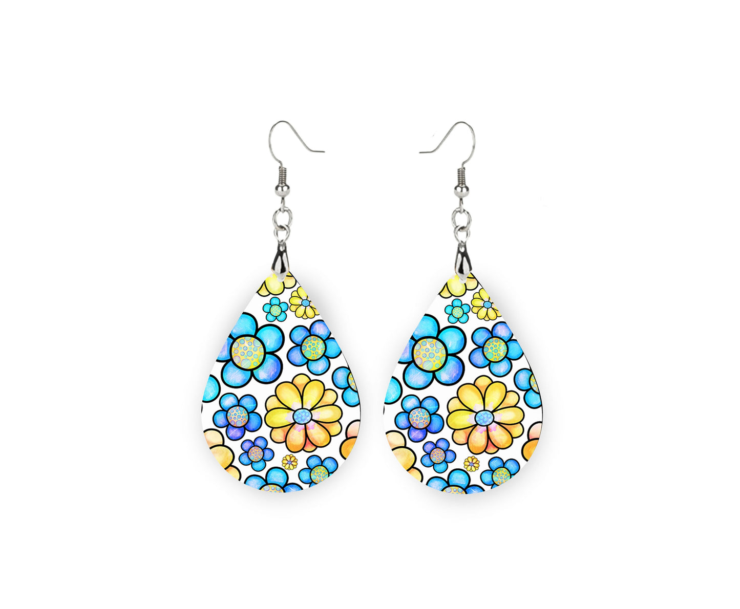 Blue and Yellow Daisy Tear Drop Dangle Printed Earrings Swirl Marble Jewelry