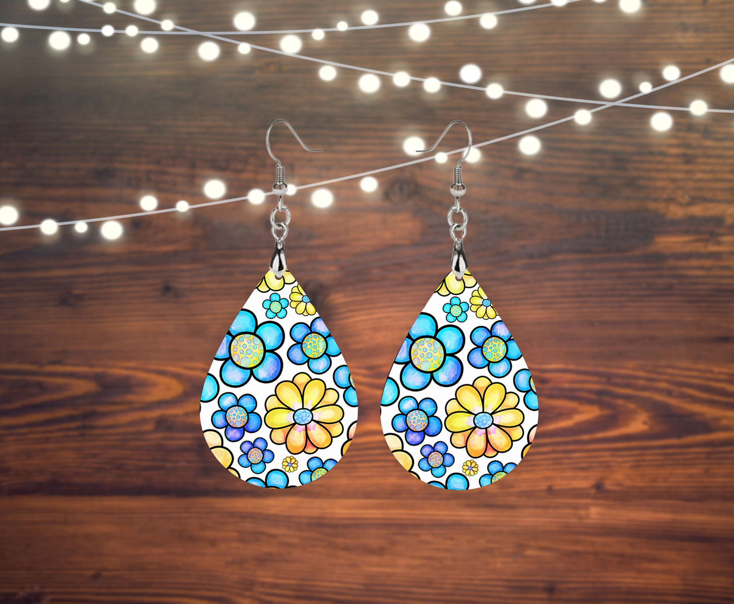 Blue and Yellow Daisy Tear Drop Dangle Printed Earrings Swirl Marble Jewelry