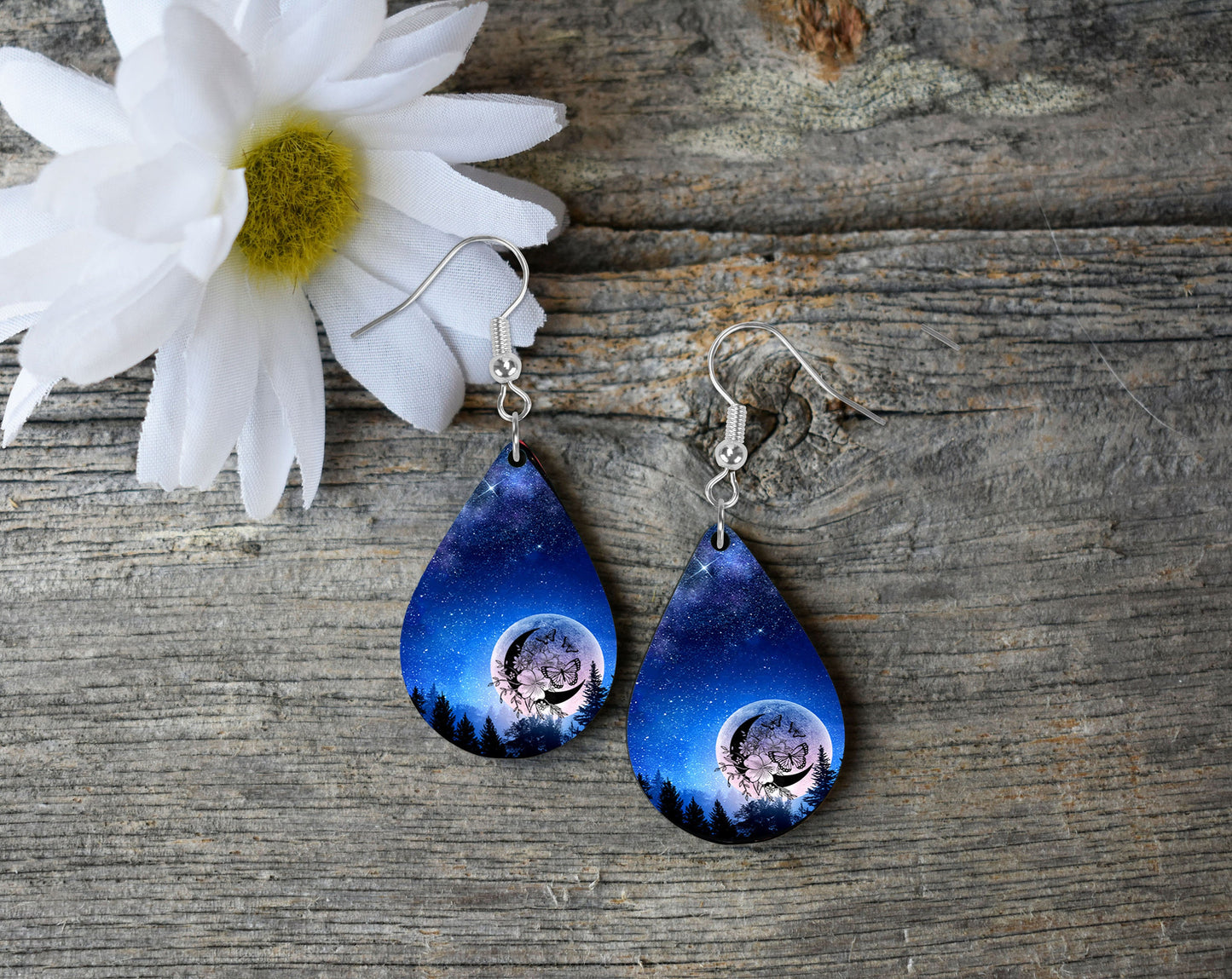 Butterfly Moon Tear Drop Dangle Printed Earrings Swirl Marble Jewelry